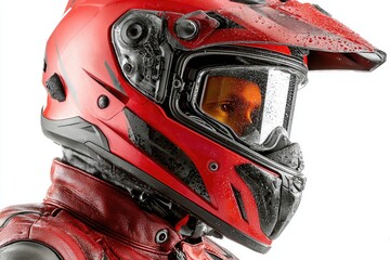 Close-up of a red motorcycle helmet with visor, wet from rain
