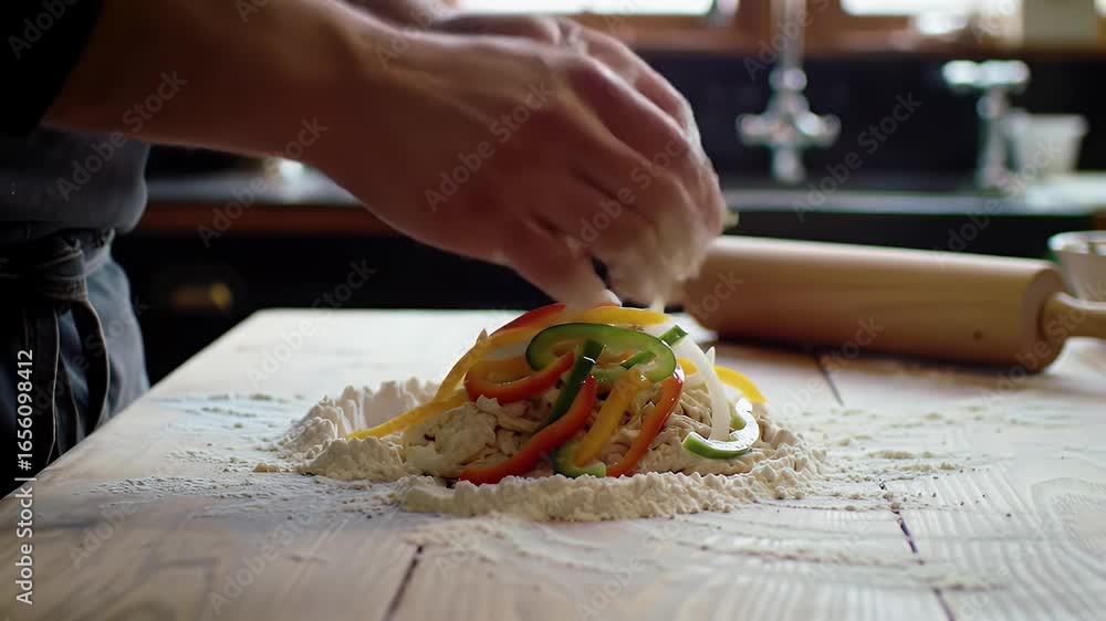 Aufkleber professional chef mixing flour and water to create dough on wooden countertop adding slices of red y