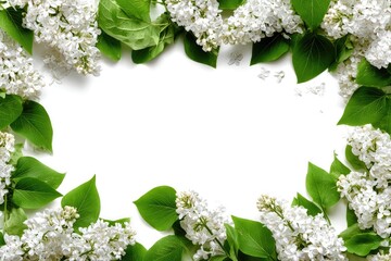 White lilac blossoms and leaves frame a blank white space