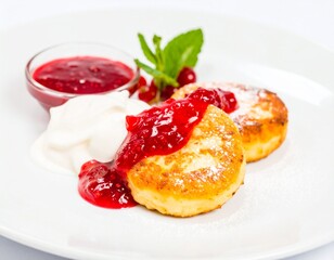 Two syrniki, a type of Russian cheese pancake, topped with raspberry jam and whipped cream on a white plate.