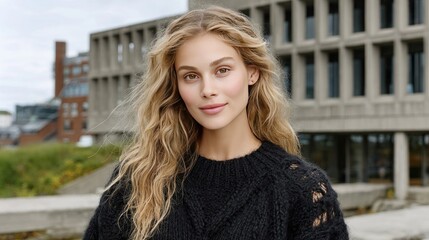 Fototapeta premium Blonde model poses elegantly on a busy city street, wearing a black oversized sweater with transparent sleeves, embracing street style