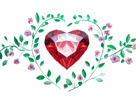 Sparkling faceted ruby gemstone heart surrounded by delicate pink roses and green leaves isolated on transparent background - Powered by Adobe