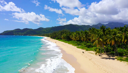 Aerial View: Serene Tropical Beach, Turquoise Waters, Lush Palm Trees, and Rolling Green Mountains under a Sunny Sky.