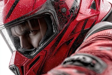 Close-up of a motorcyclist's face in a wet red helmet