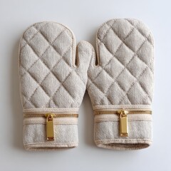 Beige quilted oven mitts with gold zippers