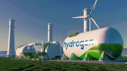 Green hydrogen plant with wind turbine and storage tanks producing clean energy for a sustainable future - Powered by Adobe