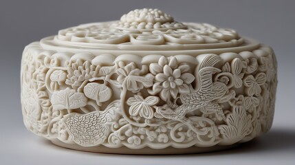 Exquisite Carved Ivory Box with Floral and Bird Motifs, Perfect for Display or Storage, High - Resolution Artwork for Interior Design Inspiration