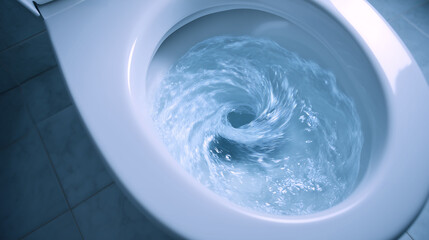 A toilet with water swirling inside during flush, Water swirling in a toilet bowl
