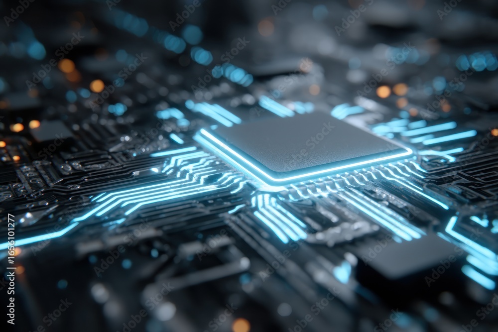 Poster close up view of a glowing circuit board processor