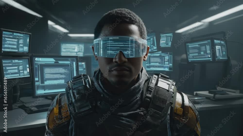 Poster software developer wearing futuristic augmented reality glasses is working with holographic computer