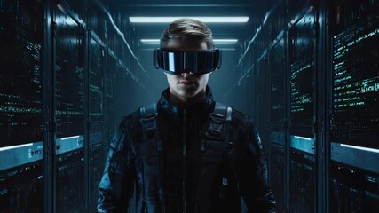 It specialist wearing virtual reality goggles inspects network infrastructure and cybersecurity within a dimly lit server room corridor, highlighting cutting-edge technology and innovation - Powered by Adobe