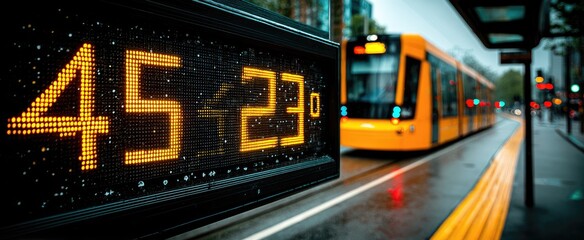 Digital display shows 45?23? temperature.  Orange tram in the background