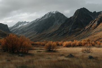 Autumnal mountain valley with snow-capped peaks