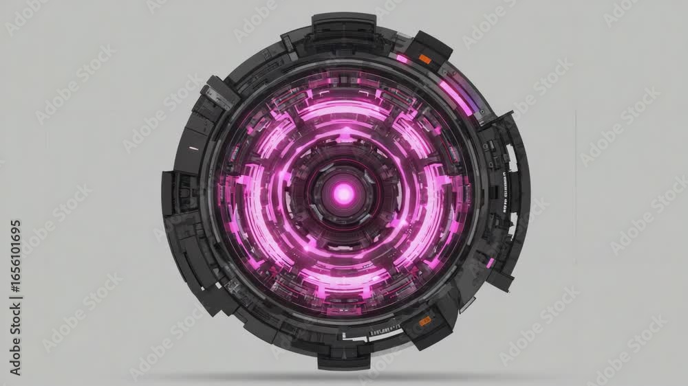 Poster complex circular device with intricate details and glowing pink lights radiating energy, suggesting 