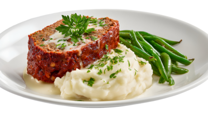 A hearty meatloaf dinner plate with creamy mashed potatoes and fresh green beans. This classic comfort meal is a perfect, isolated shot for restaurant menus.