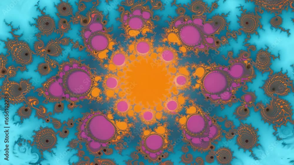 Poster intricate fractal art generating a mesmerizing pattern of colorful orange and purple bubbles expandi