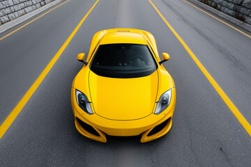 Yellow sports car centered on highway, high performance vehicle photo