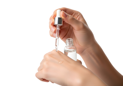 Hands applying serum from dropper on skin surface on transparent background