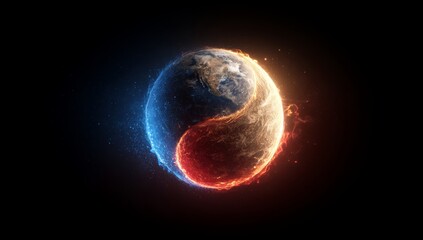 Fototapeta premium Yin and Yang Harmony presents a captivating visual representation of the balance between opposing forces, with swirling fire and water enveloping a globe-like yin and yang symbol
