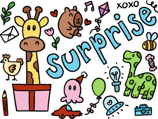 Hand drawn cute illustration of giraffe in gift box, dinosaur, capybara, red car, balloon, surprise letters, kite, chicken, bee, candy, pencil for animals, zoo, stickers, patch, brooch, zoo, souvenir
