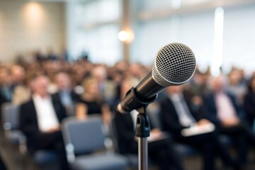 A microphone stands ready at the front of a blurred conference hall, with an attentive audience seated and focused on the upcoming presentation during a professional event