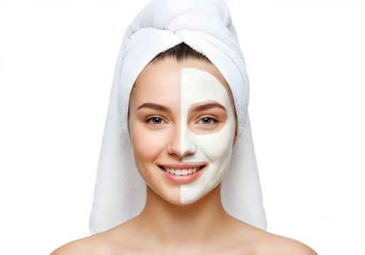 Woman with towel and facial mask on half of face on transparent background