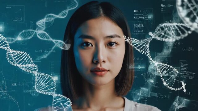 Scientist examining data on a dna double helix structure through a futuristic interface with scientific notations and digital displays, highlighting advancements in genetic research