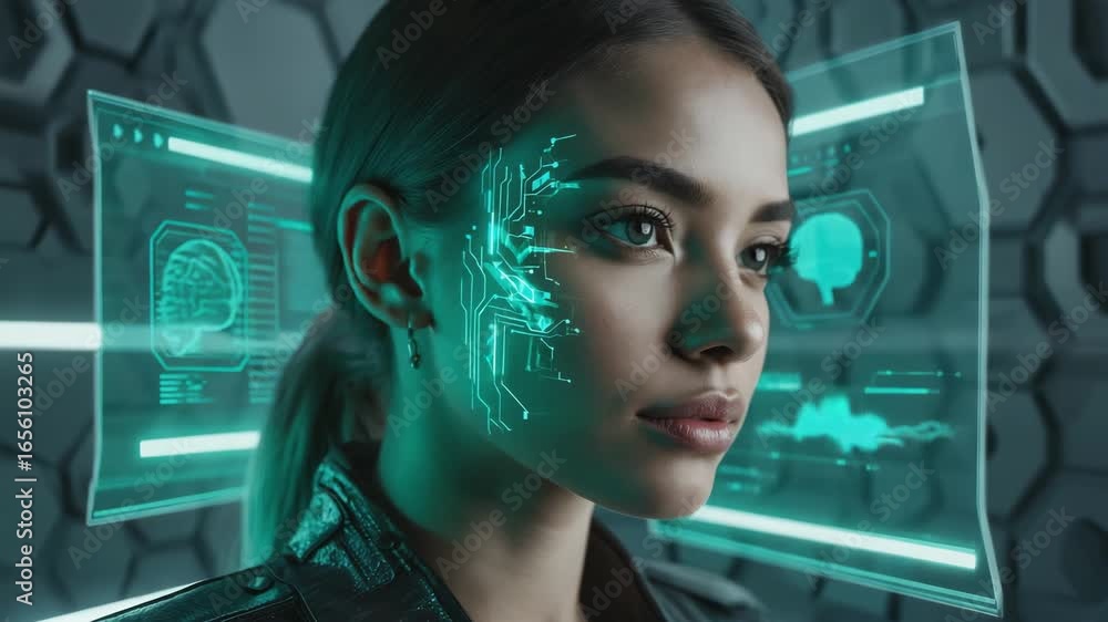 Poster female scientist in a lab coat analyzing brain activity data through a futuristic hud interface, vis