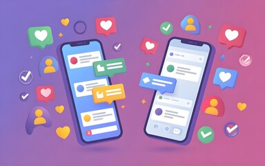 Modern smartphones displaying social media notifications and engagement icons against a gradient background