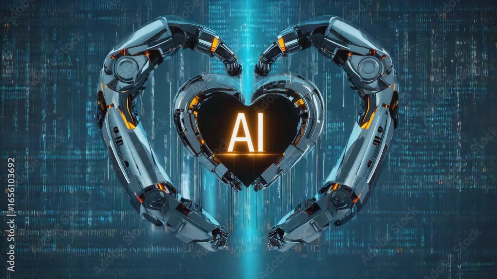 Poster two robotic arms creating a heart shape around a glowing ai symbol, set against flowing binary code,