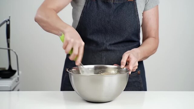 Vigorous Egg Whisking in Metal Bowl Demonstration a Cook in Denim Apron Showing Culinary Technique with Shiny Bowl on White Table Baking and Food Preparation for Adobe Stock Footage