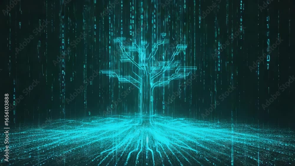 Poster glowing digital tree radiating light, with a flowing data stream cascading down and forming intricat