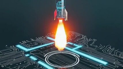 Rocket ship launching from a futuristic circuit board, billowing smoke and flames, representing the essence of technological advancement, innovation, and the drive for progress in the digital age - Powered by Adobe