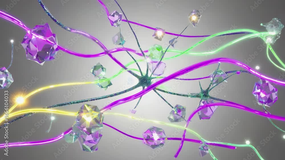 Poster colorful neuron connections transmit crystal-like data through a futuristic network, representing ad