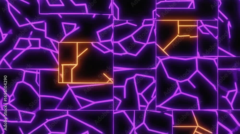 Poster vibrant neon lights form a grid, creating an abstract geometric pattern with contrasting purple and 