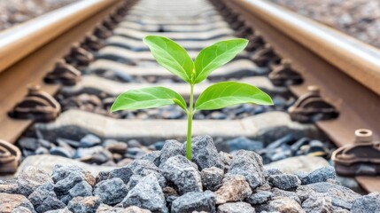 Resilience of Life: A young plant sprouts amidst the hard rocks on railway tracks