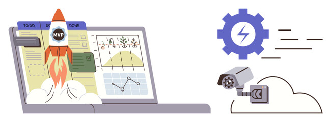 Rocket launching from a laptop with analytics charts, cloud connection, camera, and settings gear. Ideal for innovation, startups, data analysis, technology, cloud solutions progress automation