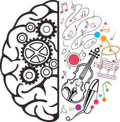 Vector hand-drawn illustration of a pencil and an electric guitar drawing a musical floral doodle pattern with gears and clocks