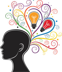 Woman's profile vector illustration with a light bulb above her head for a symbol of a brilliant idea