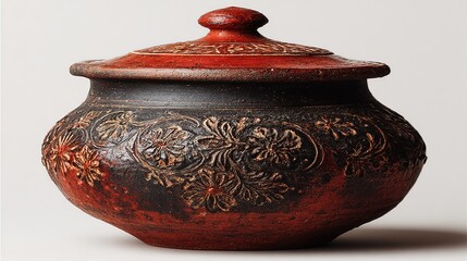 Handmade Decorative Ceramic Pot with Floral Engravings and Red-Black Glaze