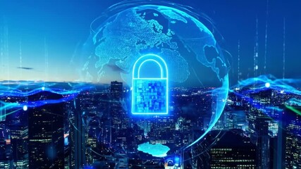 Global Data Security: Padlock Over Cityscape with Digital Earth - Powered by Adobe