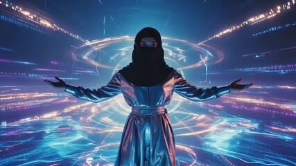 Scientist wearing a hijab and futuristic metallic dress interacts with a complex holographic hud interface using hand gestures, suggesting advancements in technology and user experience - Powered by Adobe