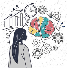 Elegant cartoon silhouette of a woman with a thinking brain and beautiful flowing hair, a symbol of smart beauty