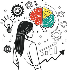 Elegant cartoon silhouette of a woman with a thinking brain and beautiful flowing hair, a symbol of smart beauty