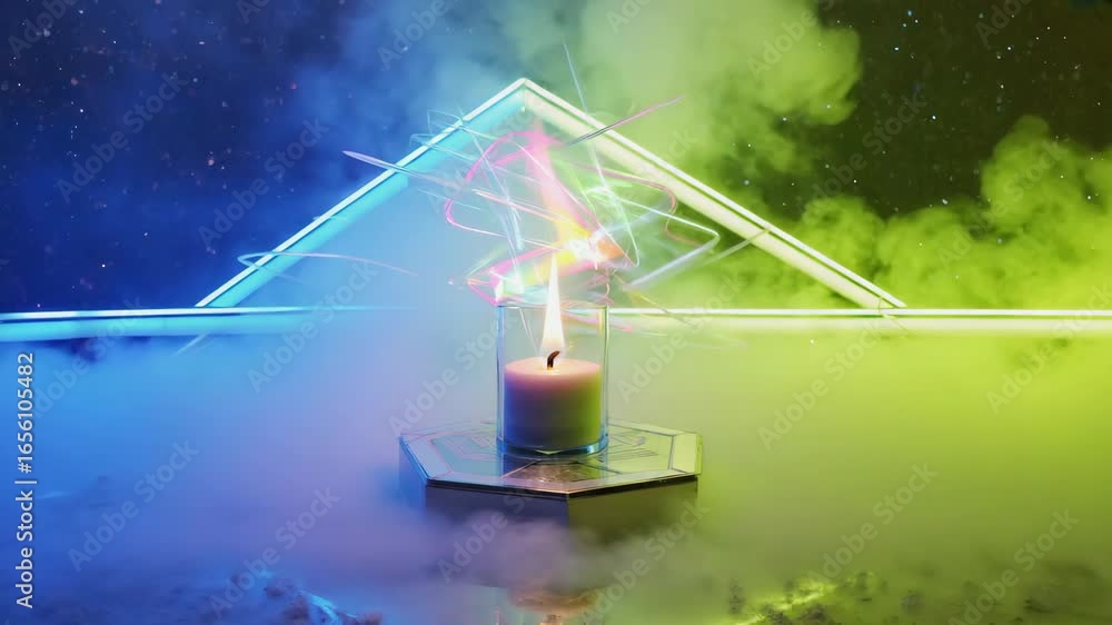 Poster single white candle burns brightly. casting a warm glow against a backdrop of vibrant neon lights. s