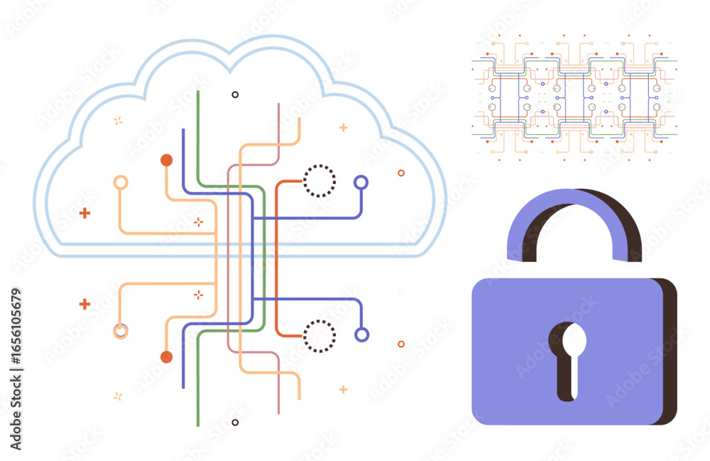 Poster cloud network with multicolored circuit lines, a secure padlock icon, and interconnected circuits. i