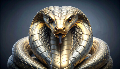 Regal Metallic Cobra Statue - Golden Scales, Silver Hood, and Piercing Eyes on Dark Background.