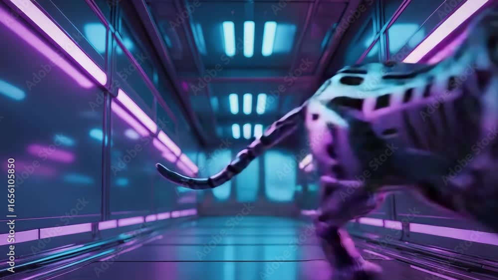 Poster robotic cat with glowing red eyes is prowling through a futuristic corridor illuminated by vibrant n