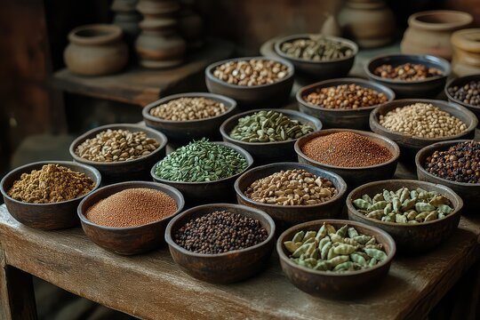 A vibrant display of whole spices, including cumin seeds, coriander seeds, and cardamom pods, arranged in small bowls