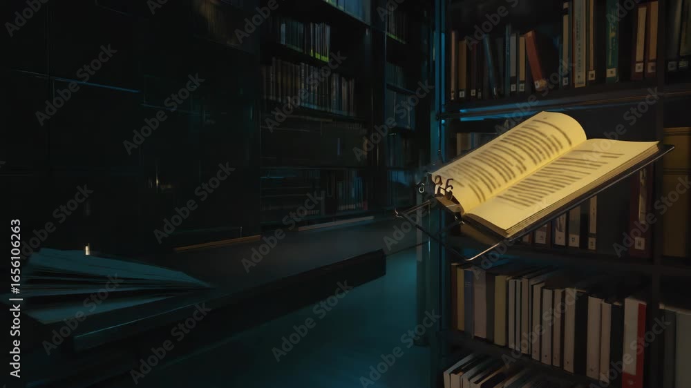 Poster open book transforming into glowing binary code within a library setting, illustrating the digitizat